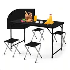 Mesa Dobrável Portátil Durey C/4 Cadeiras Para Camping Praia Jardim Piquenique Preta Vira Maleta