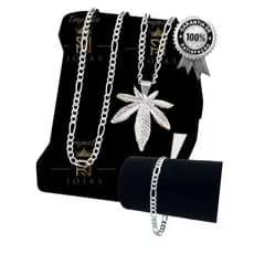 Corrente Masculina Mais Pulseira Banhada Prata Com Pingente Folha Dia dos Pais Presente RN0006