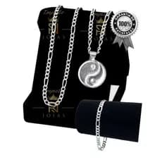 Corrente Masculina Mais Pulseira Banhada Prata Com Pingente YING YANG Dia dos Pais Presente RN0006
