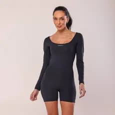 Macaquinho Fitness Feminino Manga Longa Decote Poliamida Blackout Zero Transparência