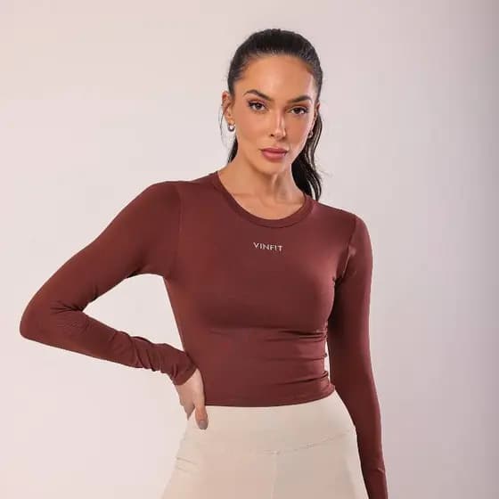 Cropped Manga Longa Poliamida Fitness Casual Yoga Blusa Feminina Compressão