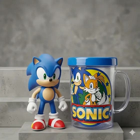 Boneco Sonic 15 cm + Caneca Copo Acrílico Lembrancinha
