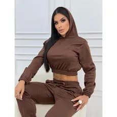 conjunto femenino moleton con capuz calça e  bluza croppet con capuz