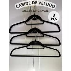 kit 3 Cabides De Veludo Premium Slim Preto Antideslizante Ultra Fino Vestido Alça Cachecol Terno
