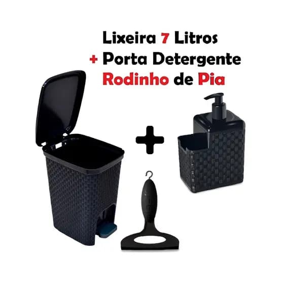 KIT 3 peças Rattan Lixeira 7 Litros com Pedal e Tampa + Porta Detergente e Esponja  + Rodinho