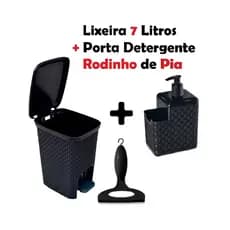 KIT 3 peças Rattan Lixeira 7 Litros com Pedal e Tampa + Porta Detergente e Esponja  + Rodinho