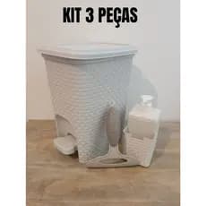Kit Lixeira Cesto Rattan Branco 7 litros + Porta Esponja e Sabonete Líquido Rattan Branco + Rodinho De Pia Branco Cozinha Banheiro