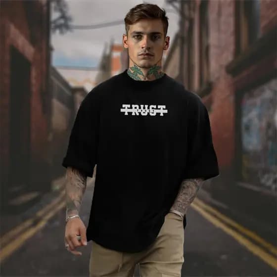 Camiseta Oversized Trust Camisa Masculina Larga StreetWear 100% Algodão Estilo de Rua Grande
