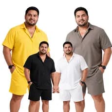 CONJUNTO MASCULINO ADULTO DE SHORTS E CAMISA PLUS SIZE NO VISCOSE G1,G2,G3 CORES LISAS PRETO BRANCO