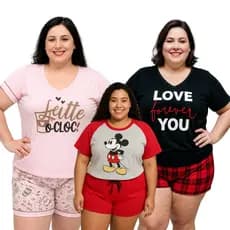 PIJAMA FEMININO PLUS SIZE MANGA CURTA 100% ALGODÃO COM ESTAMPAS MICKEY LOVE NO G1,G2,G3