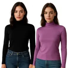 Blusa Feminina Manga Longa Cacharrel 100% Algodão Confortável Básico Gola Alta LISTRADA, PRETO LILAS