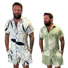 Conjunto Masculino Adulto Camisa e Short VERDE E AZUL Estampado Viscolinho Casual Slim Fit P,M,G