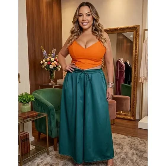 Pantalona Plus Size Chiffon Feminina Casual Elegante Tendência