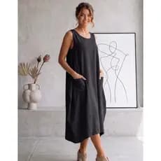 Vestido Feminino Plus Size  Regata Casual Bolsos na Frente Botões Laterais Moda