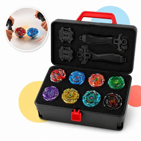 Kit Maleta Mala Brinquedo Criança com 8 Piões De Batalha Metal 2 Lançadores Beyblade Grip Top
