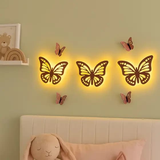 Luminária de Parede Borboleta com LED – Kit 7 Peças Decorativas em MDF para Quarto Infantil, Bebê