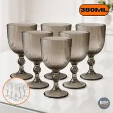 Jogo 6 Taças Vidro Canelado Fume Grafite Transparente Para Bebidas 380 ml