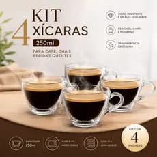 Jogo 4 Xícaras 250Ml Vidro Chá Café Cappuccino Transparente