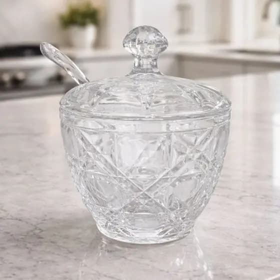 Açucareiro de Vidro Com Tampa e Colher Design Cristal Cozinha 188ml