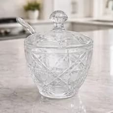 Açucareiro de Vidro Com Tampa e Colher Design Cristal Cozinha 188ml