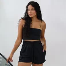 Short Feminino Moletinho Moletom Liso Curto Bolso Lateral Elástico Cintura Cor Tendencia
