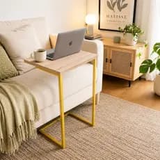 Mesa Lateral Apoio Para Sofá Notebook Estudos Home Office - Pérola / Dourado - Decore Art.