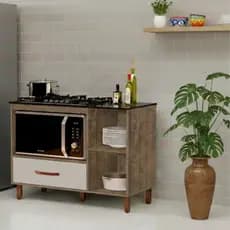 Balcão Multiuso para Cooktop e Micro-ondas com Gaveta e Prateleiras – Canela/OffWhite