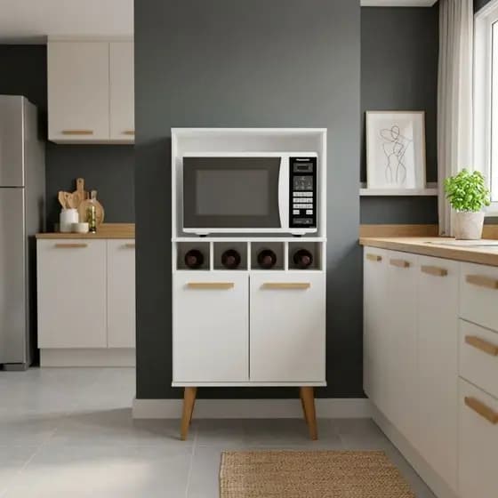Armário de cozinha 2 portas moderno Móvel para micro-ondas Porta Vinhos Puxadores de Madeira 2 Portas Pé Palito