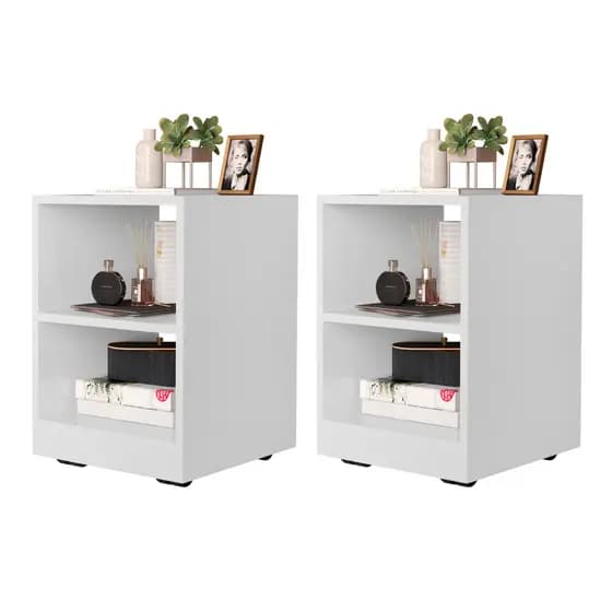 Kit 2 Mesa de Cabecera 2 Nichos Rodizios Lateral Cama Criado Moderno