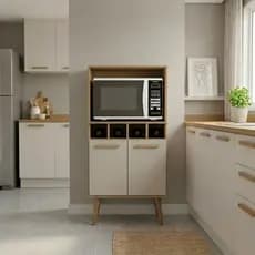 Armário para cozinha pequena pés palito 2 portas moderno Micro-ondas Estilo Retrô Vintage Clean Móvel Freijó Off  White