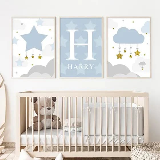 Quadro decorativo 3 peças 20x30 Azul balão nuvens estrelas personalizado nome do bebê para quaro infantil criança