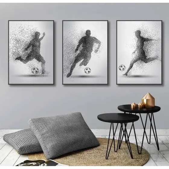 Quadro Decorativos 3 Peças Jogadores Futebol Preto e Branco