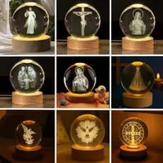 Luminária Mesa Bola Cristal 3d Base Madeira Decoração Catolico Religioso