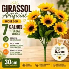 Buquê Girassol Artificial 30cm Com 7 Galhos e Folhas Decoração Festa Junina Arranjo Floral