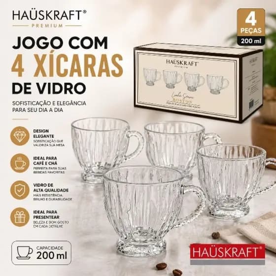 Jogo 4 Xícaras de Vidro Hauskraft Premium para Café Chá 200ml Transparentes Elegantes