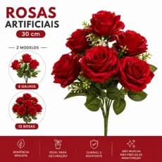 Buquê de Rosas Artificiais 6 ou 12 Flores Vermelhas 30cm Decoração Arranjo Floral Vaso Festa Casamento