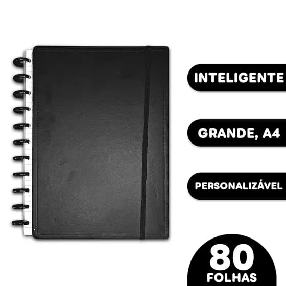 Caderno Inteligente 1 Máteria Grande A4 Diário Universitário 80 Folhas Brancas Pautadas Capa Dura - Cor Preto