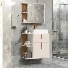 Conjunto Banheiro Argos Gabinete Cuba e Espelho cor Off white/Nature - MJM Casa dos Móveis
