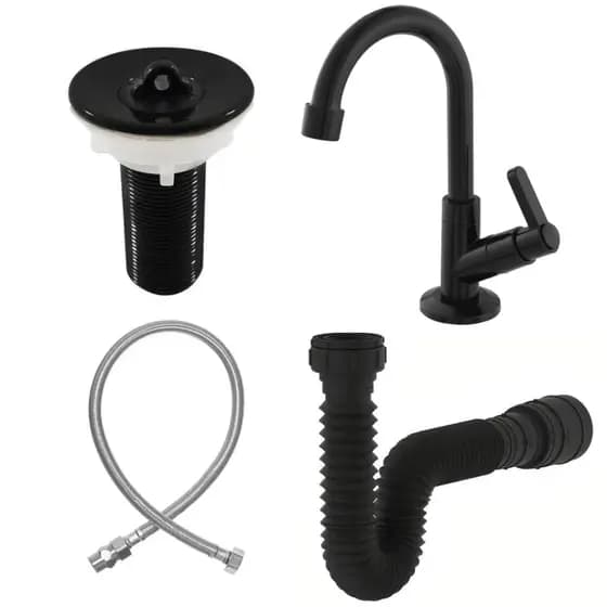 Cuba Lavatório Torneira Pia de Banheiro Preta ABS + Válvula 7/8 ABS + Sifão Preto + Engate 60cm