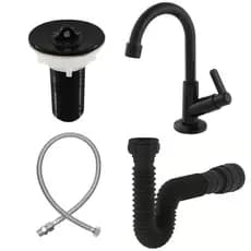 Cuba Lavatório Torneira Pia de Banheiro Preta ABS + Válvula 7/8 ABS + Sifão Preto + Engate 60cm