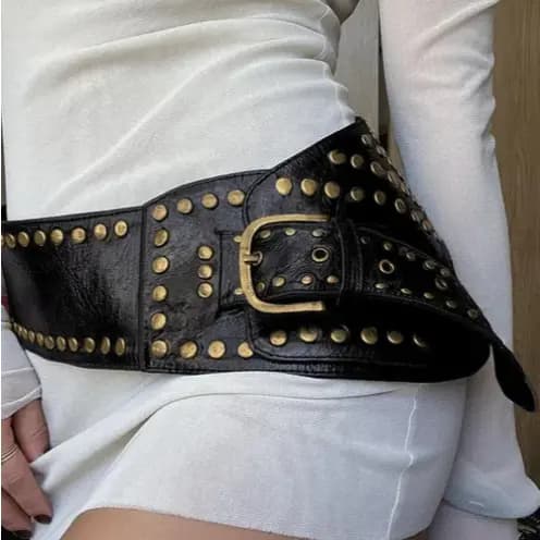 Cinto Feminino Largo Tachinhas E Fivela Metal Prata Cowboy Cowgirl Grande RS-2175