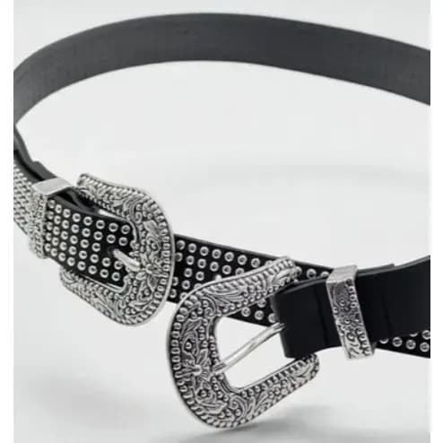 Cinto Feminino De Couro Sintético Duas Fivelas Ponteira Com Strass Moda Elegância