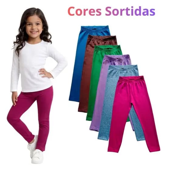 Kit 3 a 5 Calças Legging Sortidas Infantil Menina de Cotton Algodão Premium 2 ao 12 Anos