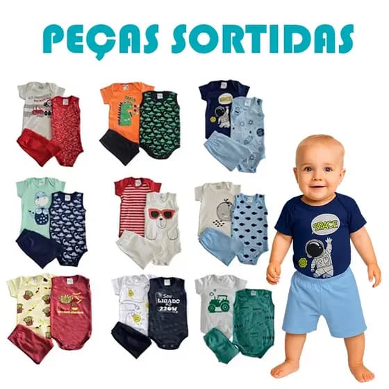 Kit 3 a 12 Peças Conjunto de Bebê VERÃO RN-GG Body de Bebê MENINO Roupa de Bebê Sortido Manga Curta