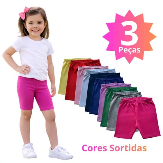 Kit 3 Shorts Ciclista Infantil Menina Bermuda Legging Algodão Verão 1 a 10 Anos