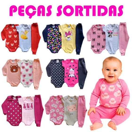 Kit 3 a 12 Peças Roupa de Bebê Sortido Body de Bebê MENINA Manga Longa– Conjunto de Bebê INVERNO RN–GG