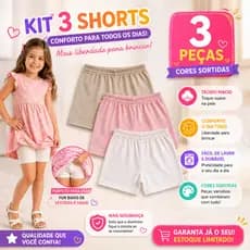 Kit 3 Shorts Segurança Algodão Cotton Infantil Calcinha Cores Sortidas Conforto e Proteção 2 a 12 Anos