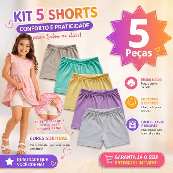 Kit 5 Shorts Segurança Infantil Calcinha Algodão Cotton Cores Sortidas Conforto e Proteção 2 a 12 Anos