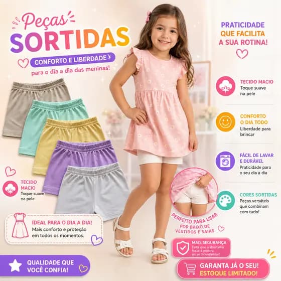 Kit Com 3 ou 5 Shorts Anágua Segurança Menina Infantil Algodão Cotton Sortido Segunda Pele Usar Por Baixo do Vestido