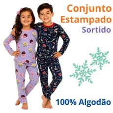 Conjunto Estampado Pijama Inverno Camiseta Manga Longa e Calça Infantil Dia a Dia Menina Menino Juvevil Suedine